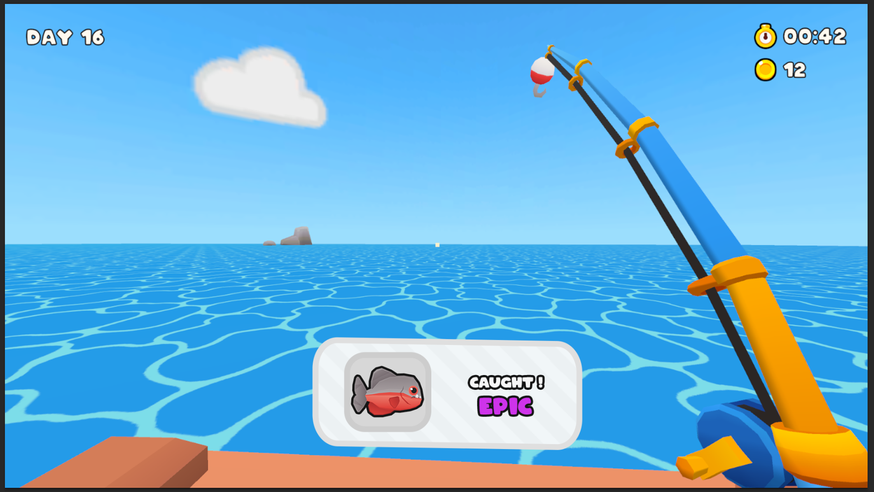 An ocean view with a fishing rod. On day 16, an epic-rarity fish has just been caught, with 42 seconds on the timer.