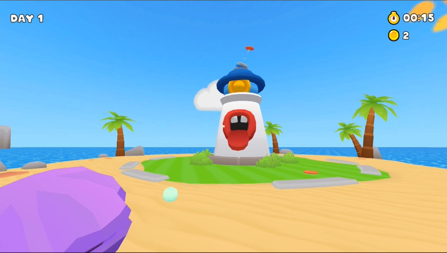 First-person view of the island, with a shell in the foreground, a pearl and the lighthouse. The timer is in the top-right corner.